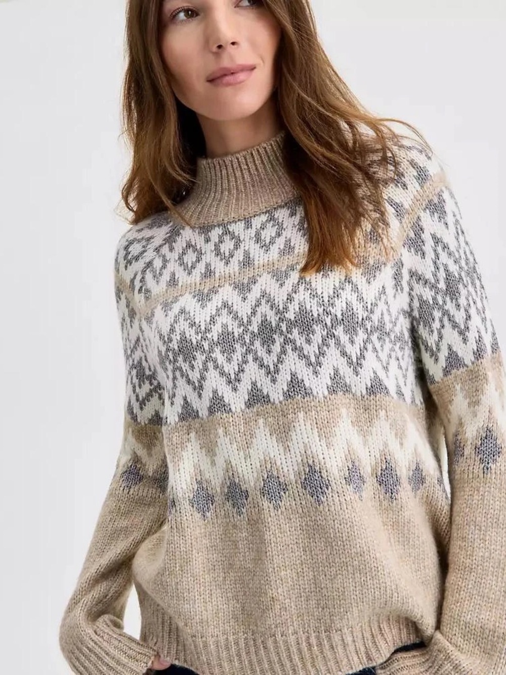 Lucky Brand Taupe and Cream Fair Isle Mock Neck Sweater Size M